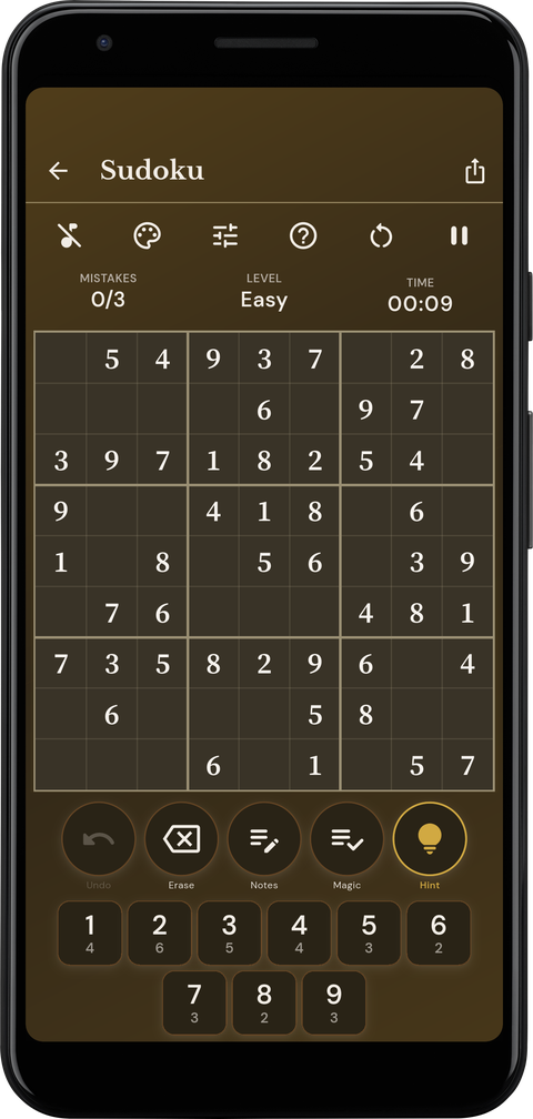 Sudoku gameplay on a calm dark board